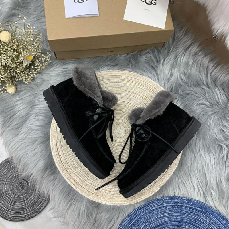 Black Fluffy Cuff Lace-Up Ankle Boots — New Arrival | In Stock