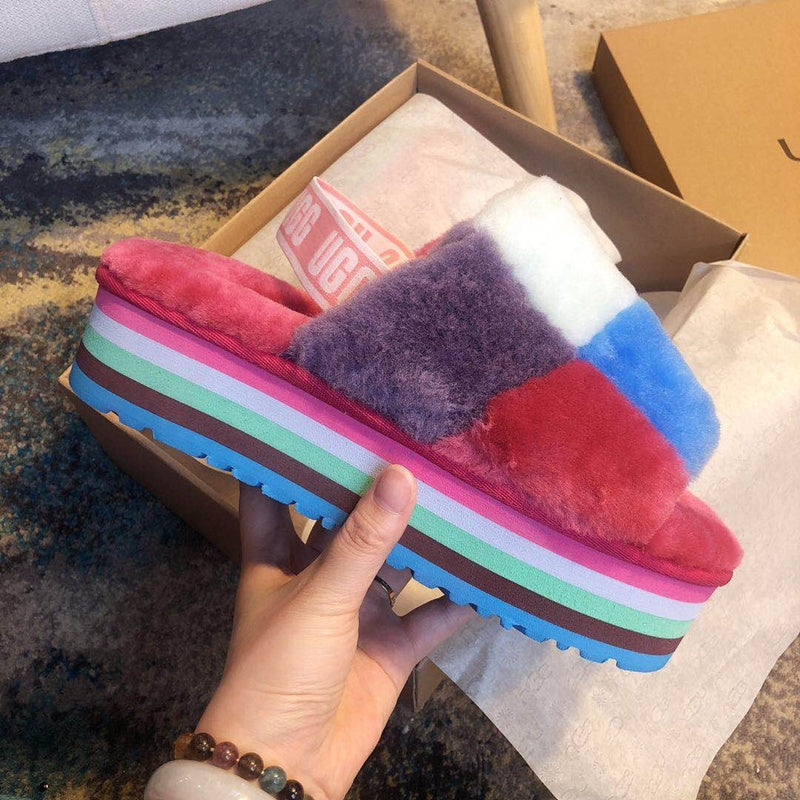 Rose Red Color-Block Fluffy Platform Sandals — New Arrival | In Stock