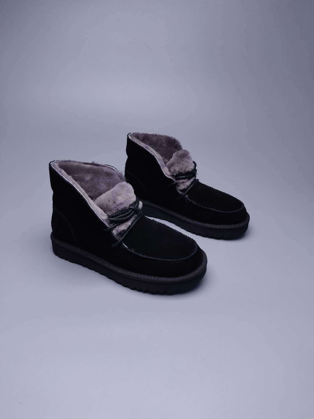 Black Fluffy Cuff Lace-Up Ankle Boots — New Arrival | In Stock