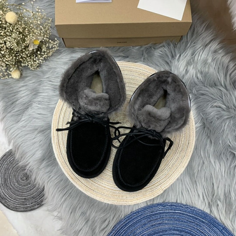 Black Fluffy Cuff Lace-Up Ankle Boots — New Arrival | In Stock
