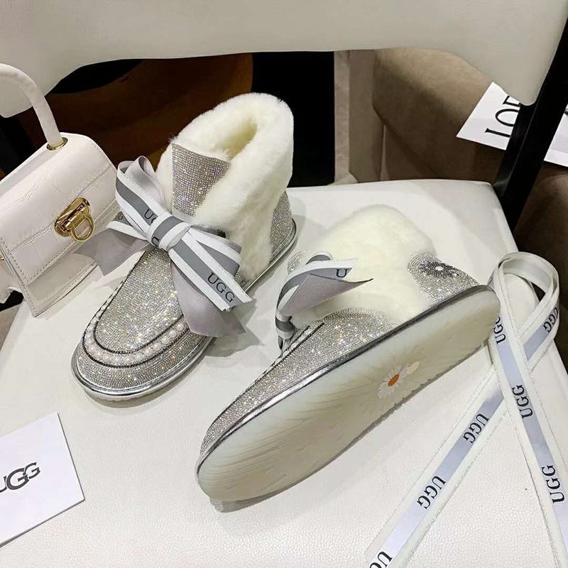Daisy Crystal Ribbon Snow Boot — Silver White | New Arrival | In Stock