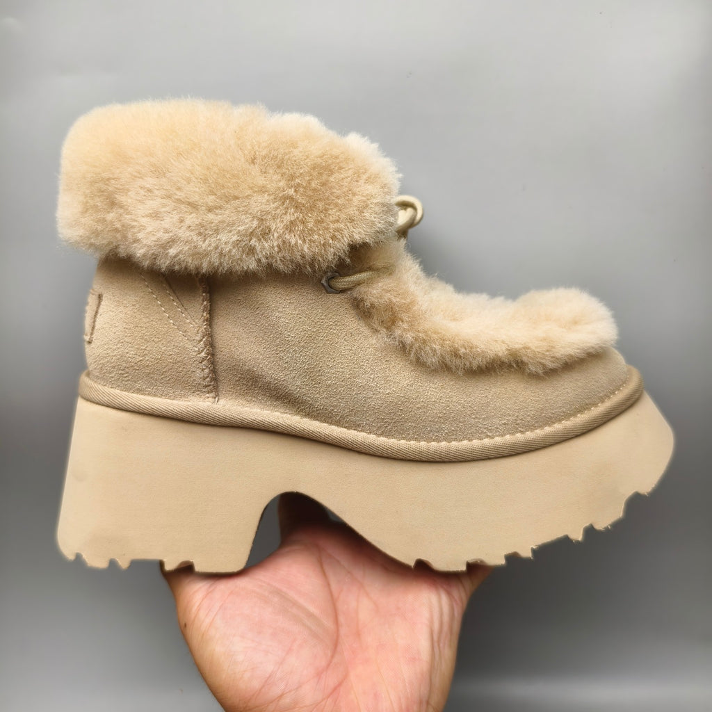 Mustard Fluffy Lace-Up Wedge Ankle Boots — New Arrival | In Stock