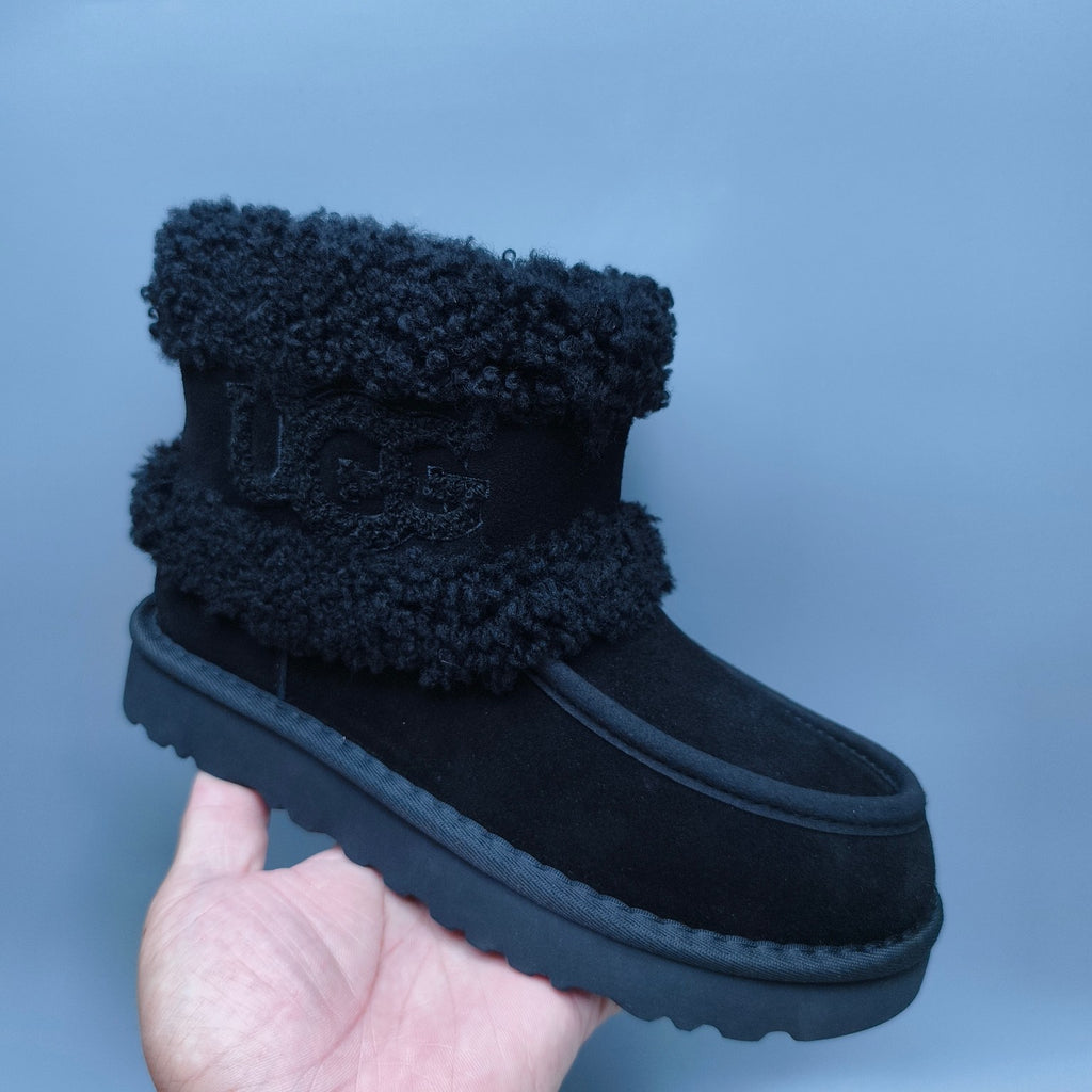 Black Curly Fur Big Logo Mid-Top Trendy Boots — New Arrival | In Stock