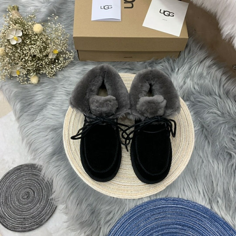 Black Fluffy Cuff Lace-Up Ankle Boots — New Arrival | In Stock