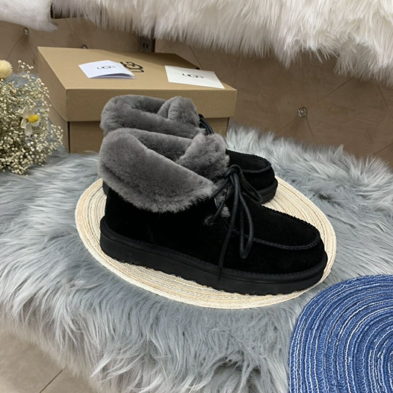 Black Fluffy Cuff Lace-Up Ankle Boots — New Arrival | In Stock