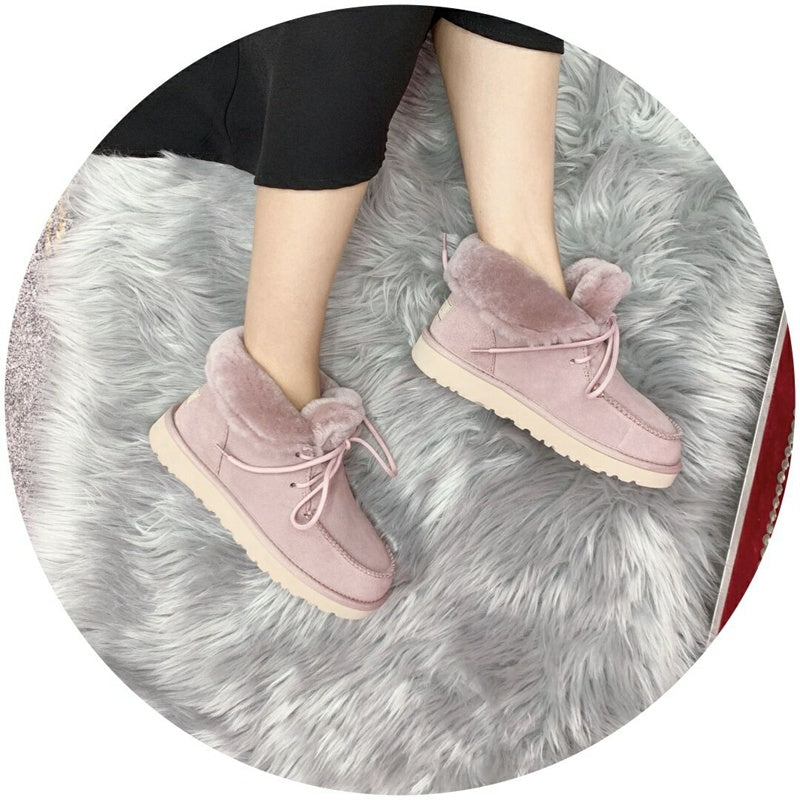 Pink Fluffy Cuff Lace-Up Ankle Boots — New Arrival | In Stock