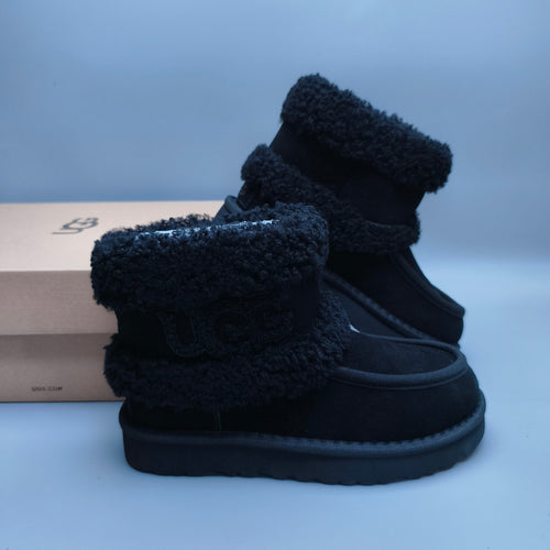 Black Curly Fur Big Logo Mid-Top Trendy Boots — New Arrival | In Stock