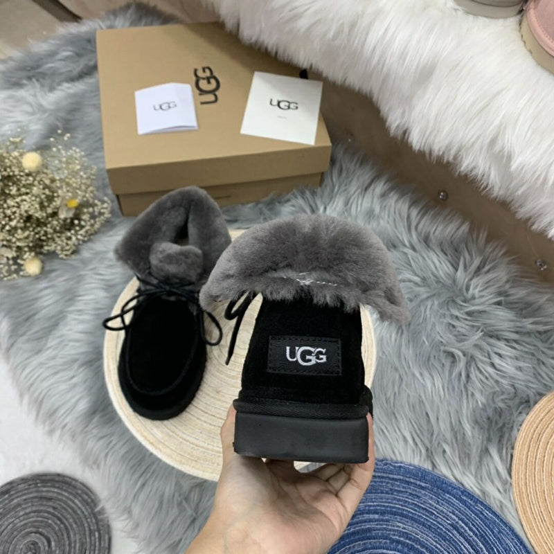 Black Fluffy Cuff Lace-Up Ankle Boots — New Arrival | In Stock