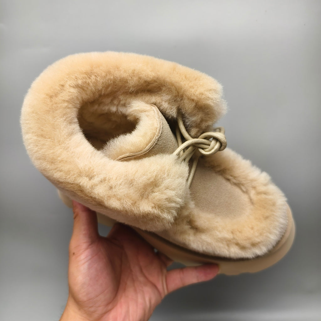 Mustard Fluffy Lace-Up Wedge Ankle Boots — New Arrival | In Stock
