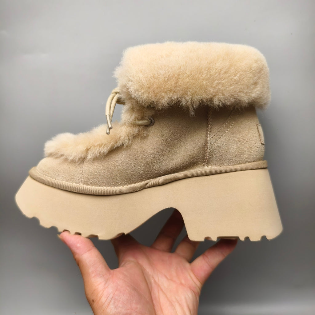 Mustard Fluffy Lace-Up Wedge Ankle Boots — New Arrival | In Stock