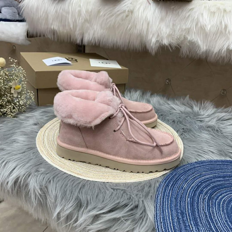 Pink Fluffy Cuff Lace-Up Ankle Boots — New Arrival | In Stock