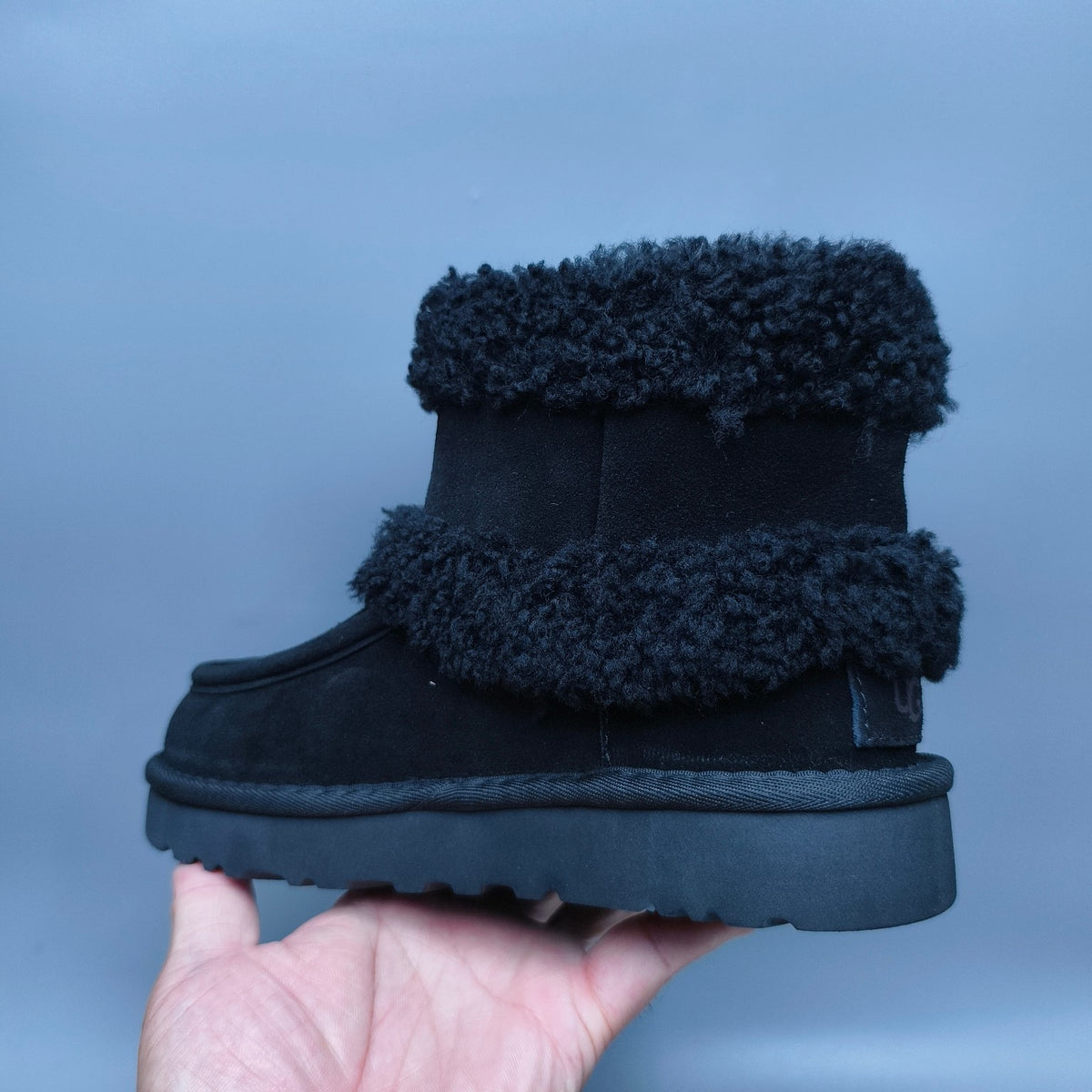Black Curly Fur Big Logo Mid-Top Trendy Boots — New Arrival | In Stock